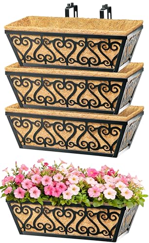 4 Pack 16 Inch Deck Railing Planter Box - Window Boxes Planters with Adjustable Brackets Coco Liners Balcony Planters Railing Hanging for Window Flower Boxes Outdoor Garden Decor - size: 16 Inch