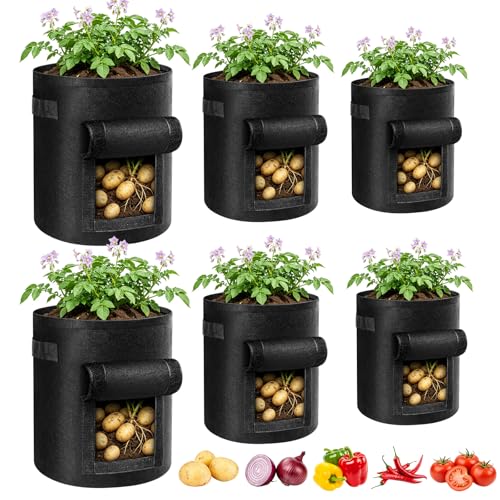 6 Pack Potato Grow Bags (15/10/5 Gallon, 2 of Each) with Harvest Window, Garden Planting Bag with Reinforced Handles, Thickened Nonwoven Fabric Pots for Tomato, Vegetables & Fruits