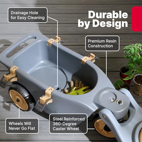 Step2 EverTough Garden Hopper Rolling Gardening Cart with Seat, Heavy-Duty Wheels, Tool Storage, Durable Resin Yard Wagon, Easy to Clean, 300 lb Capacity