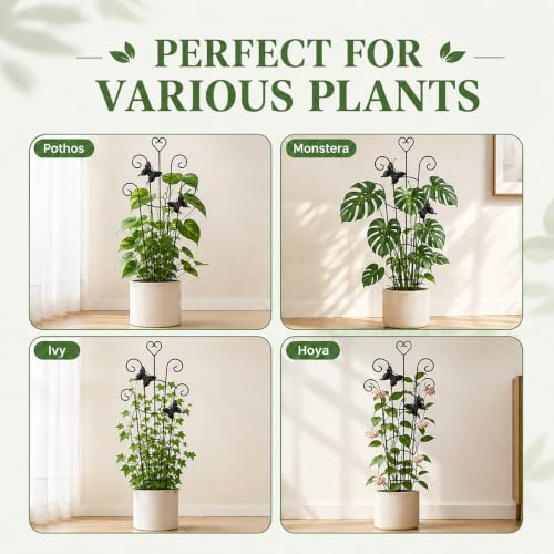 32.6in Plant Trellis for Climbing Plants Indoor with Butterflies, Expandable Large Metal Trellis for Potted Plants, Heavy-Duty Tall Pothos Plant Climber Support for Ivy Pothos Hoya Monstera, 2P - size: 32in/heart,2p