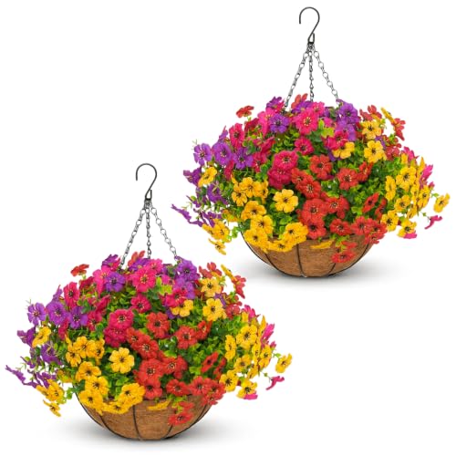 2 Set Artificial Hanging Flowers with Baskets for Outdoor Decor - color: Daisy