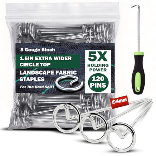 Landscape Staples Pins 120 Pack, 8 Gauge 6 Inch Heavy Duty Galvanized Weed Barrier Pins, Circle Top Garden Stakes with Removal Tool, Landscape Fabric Stakes for Weed Barrier Fabri