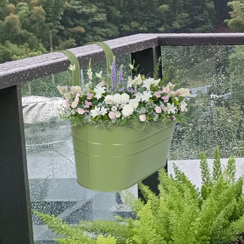 HowRU Metal Iron Flower Pots for Railing Fence Hanging Bucket Pots(5 Pcs) and Hanging Flower Pots Metal Iron Bucket Planter(10 Pcs) (Green) - color: Green