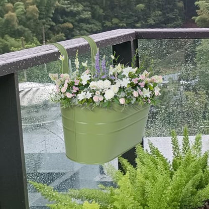 HowRU Metal Iron Flower Pots for Railing Fence Hanging Bucket Pots(5 Pcs) and Hanging Flower Pots Metal Iron Bucket Planter(10 Pcs) (Green) - color: Green