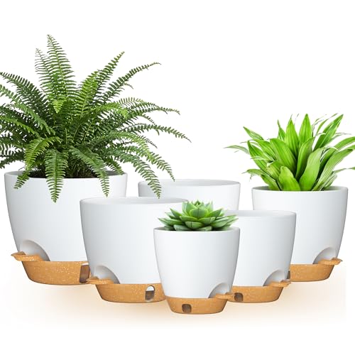 8/7/6.5/6/5.5/5 Inch Self Watering Pots for Indoor Outdoor Plants, Set of 6 Large Plastic Planters with Visual Water Window, Drainage Holes & Watering Lip, Modern Decorative Flower Pots (White) - color: White, size: 5/5.5/6/6.5/7/8 Inch