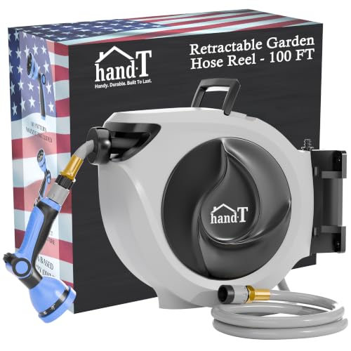 USA Based Retractable Garden Hose Reel, 1/2 in x 100 ft Quick Connect 10-Pattern Sprayer, Wall Mounted Auto Self Retracting Water Hose Reels, UV Resistant Automatic Rewind 180° Mount | Gray - size: 1/2" 100FT