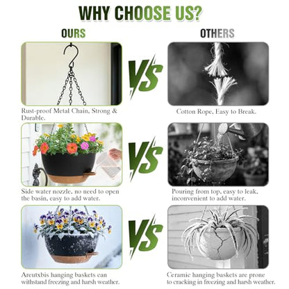 12 Inch Large Self Watering Hanging Planters 2 Pack with Saucers - color: Black Brown, size: 12 Inch 2 Pack