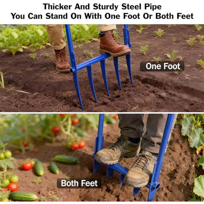 56'' Heavy Duty Broadfork for All the Soils, Detachable Design Pitchfork, 5 Sharp and Cambered 11'' Tines Bord Fork Garden Tool, Ergonomic Handles, Good Package, Easy Assembly, Blue.