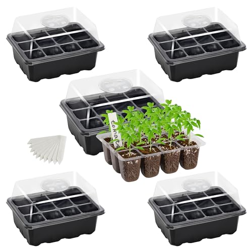 Bonviee 5-Pack Seed Starter Trays, Humidity Dome, Base, 12-Cell Tray, Black - color: Black, size: 5 Packs (60 Cells)
