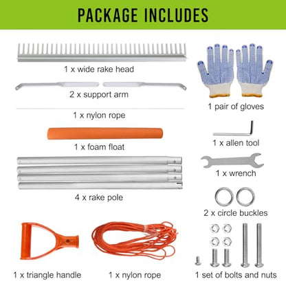 Floating Weed Lake Rake, 36 Inch Widths Pond Rake Aquatic Weed Rake, 133 Inch Extensible Multifunctional Folding Weeding Rakes, Aluminum Landscape Rakes with 49.2 FT Rope - style: 36 Inch Landscape Rake Set