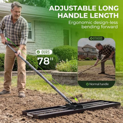 Walensee Foldable Split Lawn Leveling Rake, 30"x10" Heavy Duty Lawn Leveler Tool with 6.5FT Steel Handle, Levelawn Landscape Rake for Topdressing, Soil, Sand, Dirt, Backyard, Garden - size: 6.5FT 30"x10"
