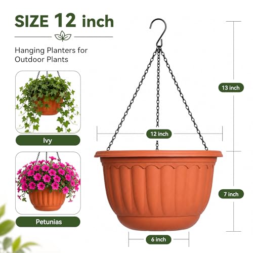 YIKUSH 12 Inch Hanging Planters for Outdoor Plants, 2 Pack Plastic Hanging Flower Pots with Drainage Hole & Tray, Hanging Basket Style Pots for Porch Patio Balcony Decor (Terracotta Color) - color: Terracotta