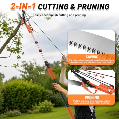 SISUPASSIE 20FT Reach Tree Trimmer, Telescoping Pole Saw with 3-12FT Extension Pole, Manual Tree Pruner Extendable for Yard, Garden, Patios - size: 12FT
