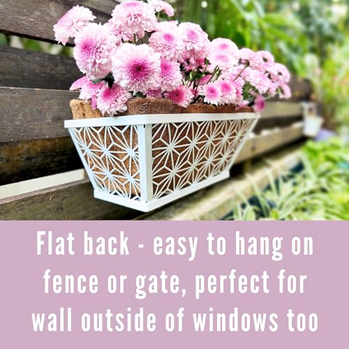 LaLaGreen Window Boxes Planter (2 Pack, 12 Inch) White Metal Rectangular Wall Planters with Coco Liner, Horse Trough Deck Railing for Outdoor Plants Holder, Modern Rail, Balcony, Fence, Porch Patio - size: 12" (30cm) x 2 pack