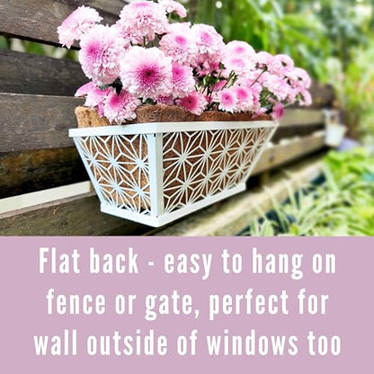 LaLaGreen Window Boxes Planter (2 Pack, 12 Inch) White Metal Rectangular Wall Planters with Coco Liner, Horse Trough Deck Railing for Outdoor Plants Holder, Modern Rail, Balcony, Fence, Porch Patio - size: 12" (30cm) x 2 pack
