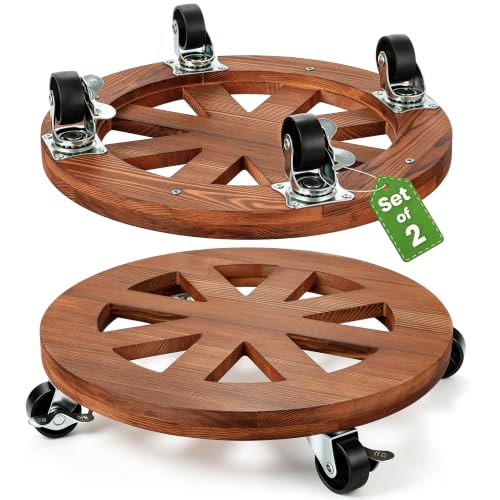 2 Pack Plant Caddy with Wheels 12'' Wood Rolling Plant Stand Indoor Brown