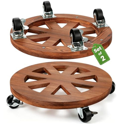 2 Pack Plant Caddy with Wheels 12'' Wood Rolling Plant Stand Indoor Brown