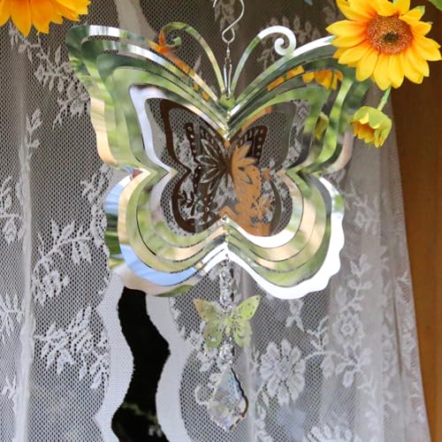 Phuryllic Wind Spinners Outdoor, Garden Decor, Bird Deterrents for Outside, 3D Metal Yard Decorations for Patio & Porch, Unique Gardening Gifts for Women & Moms - Butterfly Decor - color: 1pc Silver Butterfly