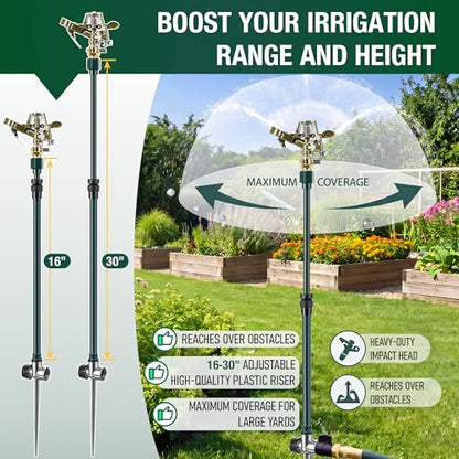 Impact Pulsating Sprinkler with 16-30" Adjustable Aluminum Sprinkler Riser, Heavy Duty Water Sprinklers Head with Aluminum Alloy Spike Base, Pulsating Sprinklers for Large Area Lawn Patio Garden