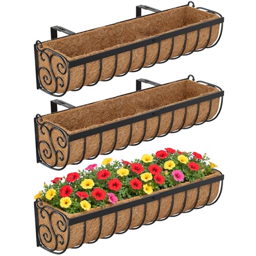VOXOR Railing Planter Boxes, 30 Inch Window Boxes Planters, Balcony Planters with Adjustable Brackets & Coco Liner for Outdoor Fence, Deck, Porch, and Patio Gardening, 3 Pack - size: 30 Inch