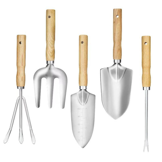 Garden Tool Set, 5 Piece Stainless Steel Gardening Tools with Wooden Handles Hand Tools with Transplanting Hand Shovel, Rake and Root Picker Ideal for Digging and Planting.