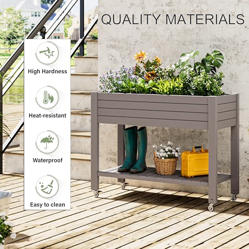 Raised Garden Bed with Shelf, Rolling Resin Planter Box, Gray - color: Gray, size: 33.7" H