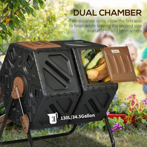 Outdoor Dual Chamber Compost Tumbler Bin with Steel Frame and 4 Ventilation Openings for Garden, Park, Kitchen, Composter with 2 Sliding Doors for Lawn, Backyard