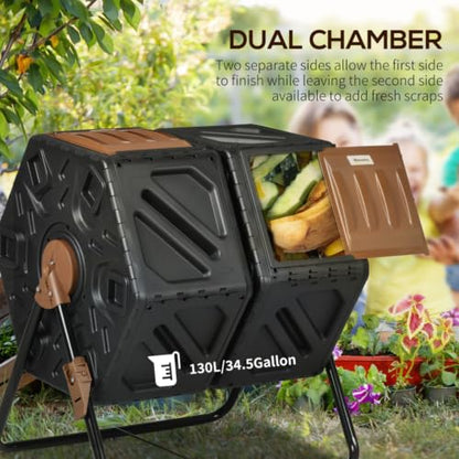 Outdoor Dual Chamber Compost Tumbler Bin with Steel Frame and 4 Ventilation Openings for Garden, Park, Kitchen, Composter with 2 Sliding Doors for Lawn, Backyard