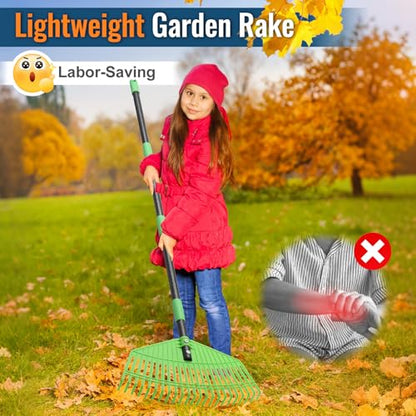 Plastic Leaf Rake with Adjustable 73'' Handle-Lightweight&Anti-Break Nylon Head,16.5'' Wide Yard & Garden Rake for Leaves, Grass, Pine Needles,Gentle On Lawn Garden-Easy to Use for Women,Seniors&Kids
