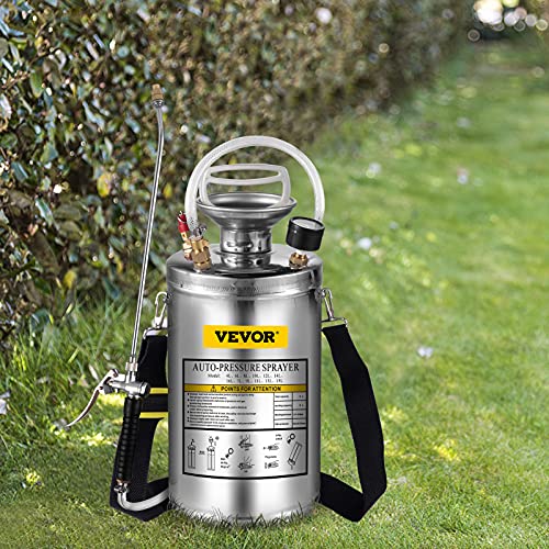 Happybuy 1.5 Gallon Stainless Steel Sprayer, 16" Wand&3.3FT Reinforced Hose, Hand Pump Sprayer with Pressure Gauge, Safety Valve&Adjustable Nozzle, Weed Sprayers for Lawn, Gardening & Sanitizing - size: 1.5 Gallon