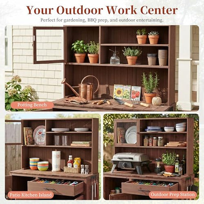Merax Outdoor Garden Potting Bench with Hutch, 65" H Solid Fir Wood Patio Garden Workstation Tabl with Large Countertop, Adjustable Shelves, Door Rack, Side Hook and Drawer, Brown - color: Brown