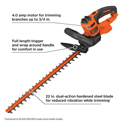 BLACK+DECKER 22" Electric Hedge Trimmer, Lightweight 4.0 Amp Corded Dual Action Shrub Trimmer, Full Wraparound Handle, High Output Low Vibration (BEHT350FF)
