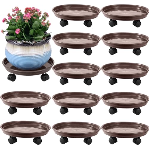 12 Packs Plant Caddy with Wheels 11.8" Plastic Rolling Plant Dolly Coasters Heavy-duty Wheeled Planter Mover Rollers Indoor Outdoor Wheeled Flower Pot Base Suacers with Casters, Brown - color: Brown, size: 11.8" - 12 packs