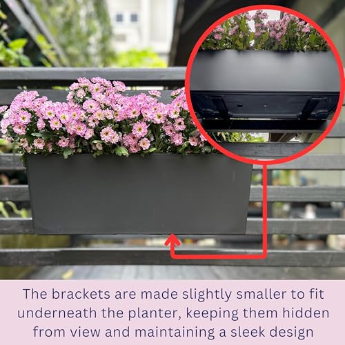LaLaGreen Deck Railing Planter Boxes (14 Inch, 4 Pack) Self-Watering Window Box Planters with Brackets, Rectangular Hanging Flower Pots for Balcony Fence, Herb Garden Outdoor Black Plastic Planters - size: 14" x 4 Pack (with Bracket)