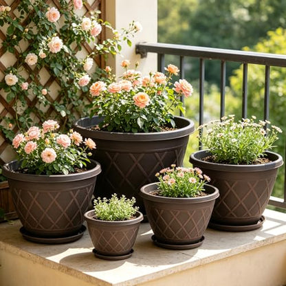 4 Pack 12 Inch Pots for Plants, Plastic Flower Pots with Faux-fence Texture - color: Plaid Pattern-brown, size: 12 Inch - 4Pack