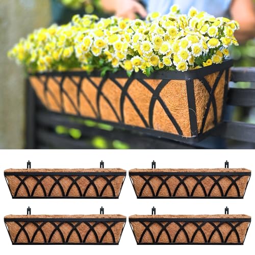 LaLaGreen Deck Railing Planter Boxes (30 Inch, 4 Pack) Wall Hanging Planters for Outdoor Plants, Black Metal Rectangular Window Flower Box with Coco Liner, Horse Trough Rail Fence Porch Patio Decor - size: 30" (76cm) x 4 pack