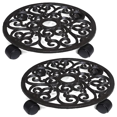 2 Pack Plant Caddies Heavy Duty Cast Iron Flowerpot Holder, Flower Stand Round Planter Holder with Wheels 11 inch