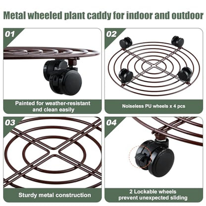 6 Packs Large Metal Plant Caddy with Wheels 12" Rolling Plant Stands Heavy-duty Wrought Iron Plant Roller Base Pot Movers Plant Saucer on Wheels Bronze - color: Bronze, size: 12 inches
