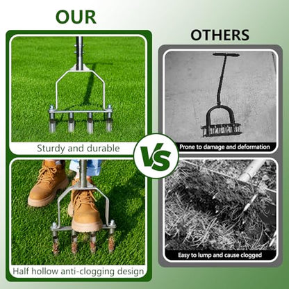 Stainless Steel Aerator Lawn Tool, Manual Core Aerator with 4 Hollow Tines