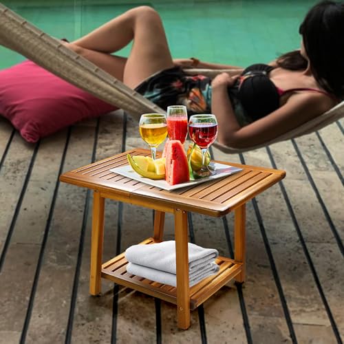 ENKEZI Acacia 24 Inches Outdoor Side Table, 2-Tier Sturdy Patio, End Table Weather Resistant, Strong Stability Side Table for Patio, Pool, Porch, Teak Finish (Large)