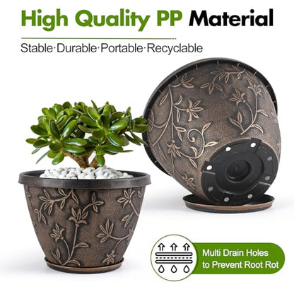 Nooulap 12 Inch Pots for Plants with Drainage & Trays, Retro Brown - color: Retro Brown, size: 12 Inch