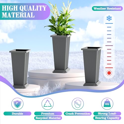 TUYOHW 24 Inch Tall Tapered Square Planters (Set of 2) - Indoor Outdoor Large Flower Pots with Built-in Drainage & Matching Water Tray for Patio, Garden, Home - Gray - color: Gray-ribbed