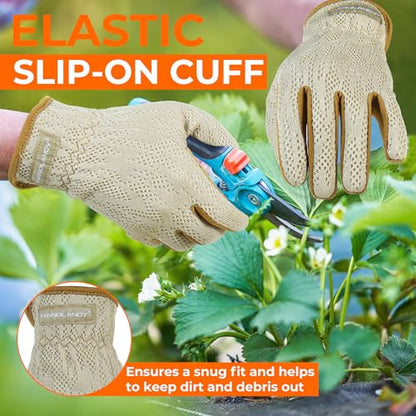 HANDLANDY Gardening Gloves for Women, Leather Garden Glove, Gardener Gift - color: Coffee Khaki, size: Small (Pack of 1)