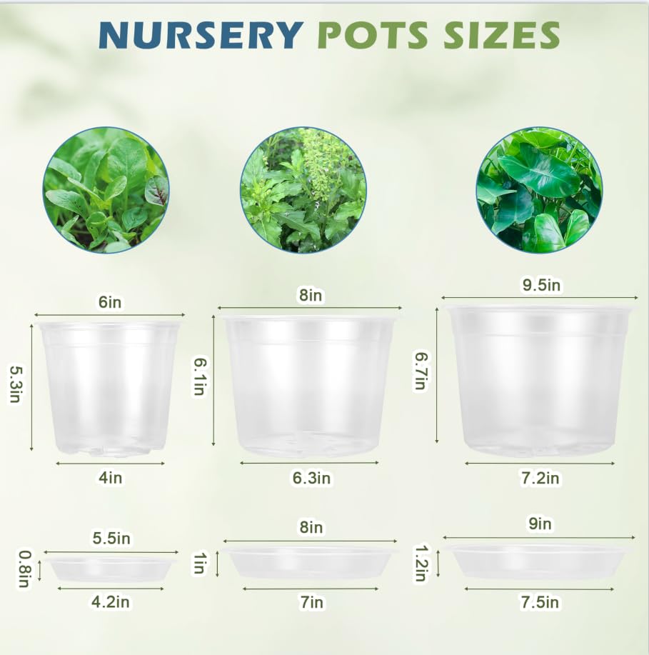 6/8/10 Inch Large Size Clear Nursery Pots with Drainage and Saucers, 9 Pack Plastic Plant Pots for Seedling Starter, Durable Plastic Pots for Indoors - size: 6810inch-9pcs
