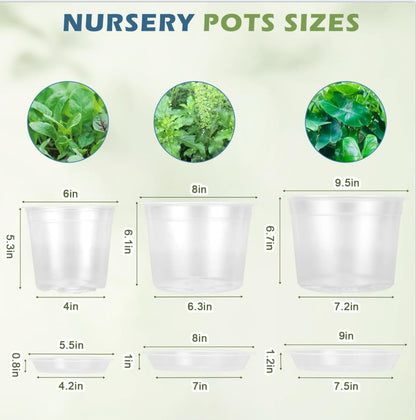 6/8/10 Inch Large Size Clear Nursery Pots with Drainage and Saucers, 9 Pack Plastic Plant Pots for Seedling Starter, Durable Plastic Pots for Indoors - size: 6810inch-9pcs