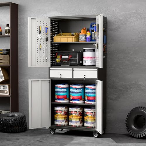 Aobabo 71" H 2 Drawer Metal Storage Cabinet with Wheels and 4 Pegboards,Lockable Steel Garage Storage Cabinet with 2 Adjustable Shelves,Black Sliver,Assembly Required - color: Black Silver, size: 15"D x 30"W x 71"H-2 Drawers