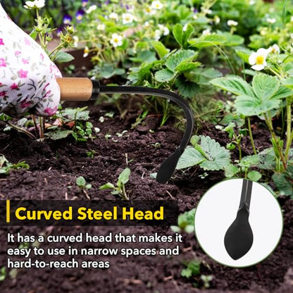 Weed Puller Tool, Manual Weeder with Heavy Duty Steel Curved Head, Hand Cultivator & Garden Hoe, Reusable Wood Handle Weeding Tool for Flower Beds & Vegetable Garden (Black)