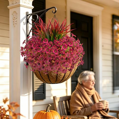 18PCS Artificial Fall Flowers Outdoors, UV Resistant Fake Mums with Grass - color: Burgundy Daisies & Violets & Grass