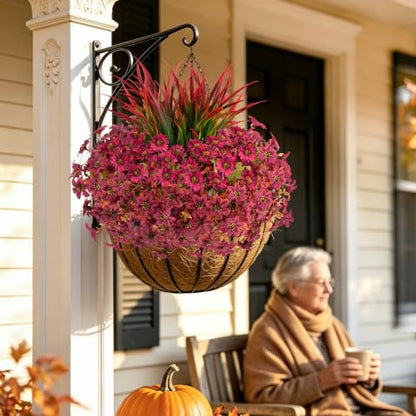 18PCS Artificial Fall Flowers Outdoors, UV Resistant Fake Mums with Grass - color: Burgundy Daisies & Violets & Grass