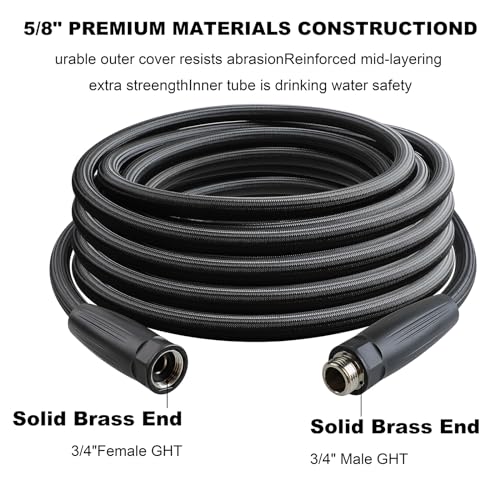 HQMPC Garden Hose 5/8"IDx30' Hose Stiff And Rigid Light Weight Durable Non Kinking Water Hose For Garden Lawn Waterring Female Brass Hose Fittings 30 FEET Black(Leight weigh arround 1 kgs)
